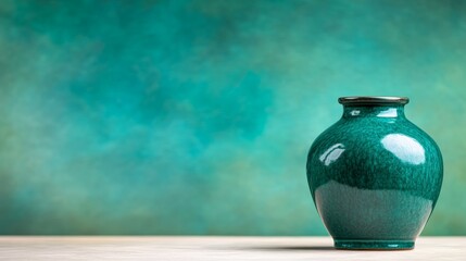 Aufkleber - Teal ceramic jar with a delicate leaf design stands gracefully on a white marble surface, casting soft shadows that enhance its elegance and simplicity