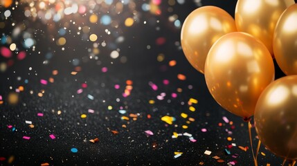 Poster - Golden balloons and vibrant confetti create a joyful atmosphere on a black surface, inviting celebration and festivities while leaving space for messages or designs