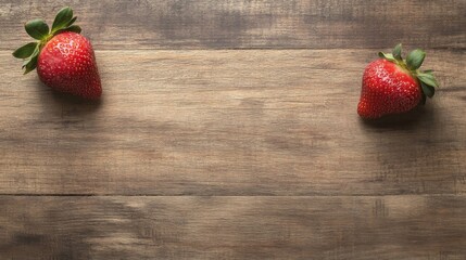 Poster - A single strawberry rests on a textured wooden board, its bright red hue contrasted by the rustic surface, while green leaves remain intact for a natural look