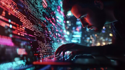 Digital Technology Concept: Man Programmer Working on a Project