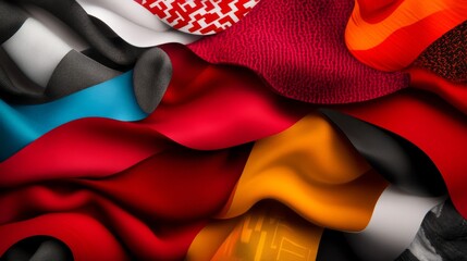 Poster - Vibrant collage showcasing overlapping layers of abstract fashion elements with bold colors and geometric patterns, presenting a modern and colorful visual style
