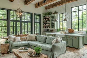 Farmhouse style living room and kitchen with green cabinets, large windows, and wooden beams.