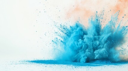 Poster - A vibrant burst of cyan blue powdered paint is captured mid-air against a soft pastel background that fades to white, creating an eye-catching artistic display