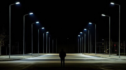Poster - A solitary person stands on an empty street at night, surrounded by illuminated streetlights that cast long shadows, with blank space above for text. Generative AI