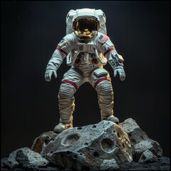 Wall Mural - front view of white astronaut on moon dark background cosmic globe discovery