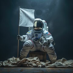 Wall Mural - front view of white astronaut with white flag on a dark background discovery moon cosmic