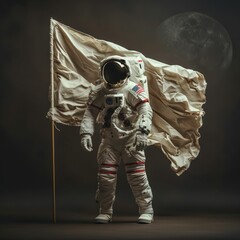 Wall Mural - front view of white astronaut with white flag on dark background cosmic discovery moon