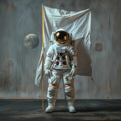 Wall Mural - front view of white astronaut with white flag on dark floor cosmic discovery moon