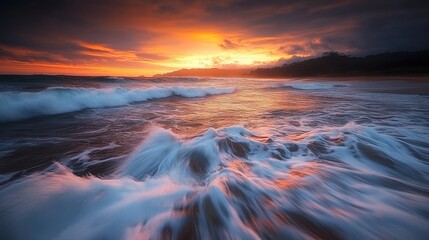 Poster - Waves crash energetically as the golden light of sunset casts vibrant colors on the ocean surface, highlighting the movement and foam patterns beautifully