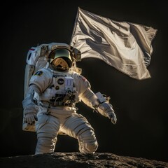 Wall Mural - front view of white astronaut with white flag on dark background discovery moon cosmic