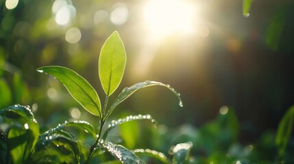 Aufkleber - A green fern leaf glistens with water droplets as sunlight filters through the forest foliage, creating a serene and tranquil atmosphere in the background