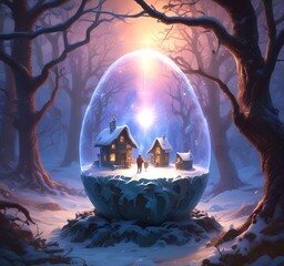 Illustration of fantasy egg with inside world.