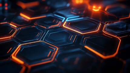Poster - High-Tech Neon Orange Blue Hexagonal Grid Network Background : Generative AI