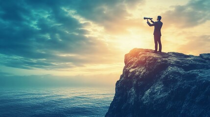 Wall Mural - A businessman in a suit stands on a clifftop, using a telescope to look out at the ocean and sunset.