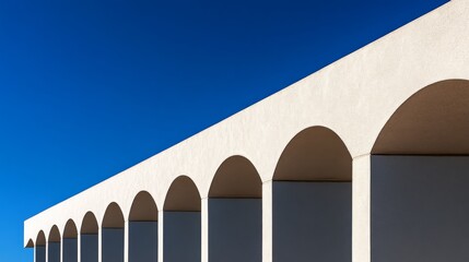 Leinwandbilder - Wide-angle view of several elegant white arches under a deep blue sky creates a striking minimalist composition with ample copy space on the right