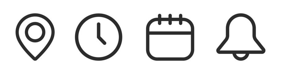 Location, time, calendar and notification lined vector icon