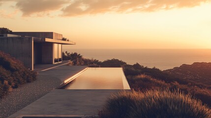 Wall Mural - Exterior view of a modern house with infinity pool overlooking the sea at sunset. Minimal architecture style. Generative AI 