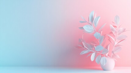 Wall Mural - A white plant with light green leaves sits in a white pot in front of a pink and blue wall.