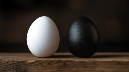 Wall Mural - A white egg and a black egg side by side on a wooden surface.