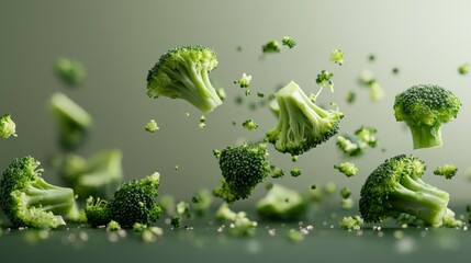 Poster - Chopped green broccoli pieces soar gracefully through the air, showcasing their rich color and texture while contrasting with the soft pastel backdrop
