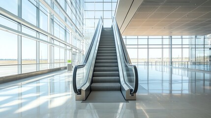 Wall Mural - An empty escalator in an airport terminal with large windows.