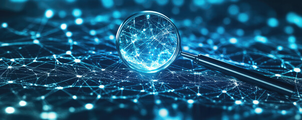 Internet search, data analysis creative concept wallpaper, magnifying glass on background with connection data flow