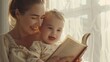 © Z A C - A serene scene unfolds as a woman likely a mother sits beside a window engrossed in reading a book to her baby who is seated on her lap and gazing at the pages with wide eyes.
