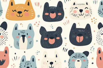 Poster - Colorful doodles featuring a variety of dog faces create a whimsical pattern, perfect for adding personalized text or creative touches. Generative AI