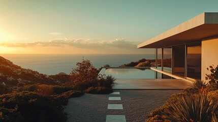 Wall Mural - Exterior view of a modern house with infinity pool overlooking the sea at sunset. Minimal architecture style. Generative AI 