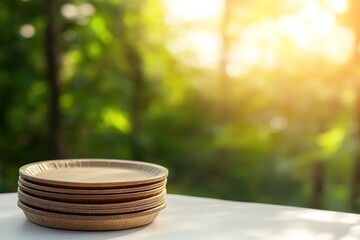 Wall Mural - stack of eco-friendly plates in natural sunlight, greenery backdrop