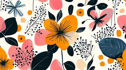 Wall Mural - A vibrant, colorful pattern with stylized flowers and leaves on a white background.