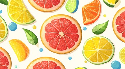 Canvas Print - A seamless pattern of colorful citrus fruit slices and leaves.