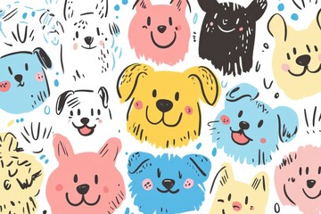 Leinwandbilder - Colorful doodle-style illustration features various dog faces expressing joy and curiosity against a clean background, inviting creative text. Generative AI