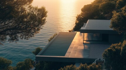 Wall Mural - Exterior view of a modern house with infinity pool overlooking the sea at sunset. Minimal architecture style. Generative AI 