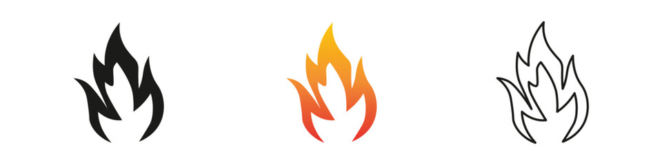 Wall Mural - Icon collection of flame designs in various colors and styles. Fire icon vector set. Flame icon collection. Fire flame symbol. Black, gradient, line set