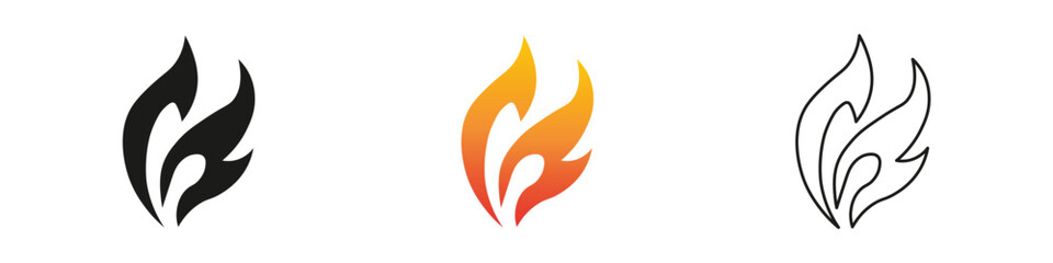 Wall Mural - Modern flame logo design in three distinct styles. Fire icon vector set. Flame icon collection. Fire flame symbol. Black, gradient, line set