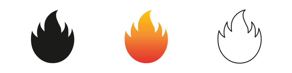 Wall Mural - Different flame icons in various colors and styles. Fire icon vector set. Flame icon collection. Fire flame symbol. Black, gradient, line set
