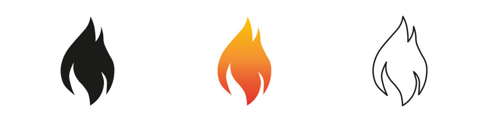 Wall Mural - Different styles of flame icons in various colors and designs. Fire icon vector set. Flame icon collection. Fire flame symbol. Black, gradient, line set
