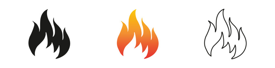 Wall Mural - Flame symbols in black, orange, and white on a simple background. Fire icon vector set. Flame icon collection. Fire flame symbol. Black, gradient, line set