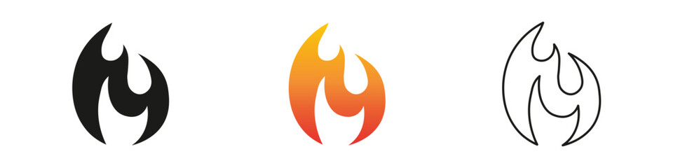 Wall Mural - Unique flame design variations in three distinct colors. Fire icon vector set. Flame icon collection. Fire flame symbol. Black, gradient, line set