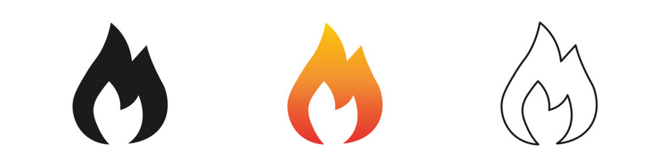 Wall Mural - Different designs of flame symbols in various colors. Fire icon vector set. Flame icon collection. Fire flame symbol. Black, gradient, line set