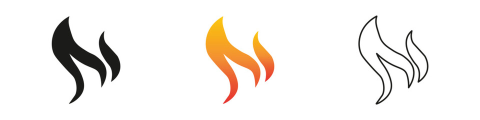 Wall Mural - Flame designs in three distinct styles showcasing fire elements. Fire icon vector set. Flame icon collection. Fire flame symbol. Black, gradient, line set