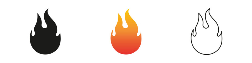 Wall Mural - Colorful flame icons showcasing design variations for creativity. Fire icon vector set. Flame icon collection. Fire flame symbol. Black, gradient, line set