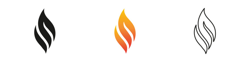 Wall Mural - Stylized flame icons in various colors and designs for branding. Fire icon vector set. Flame icon collection. Fire flame symbol. Black, gradient, line set