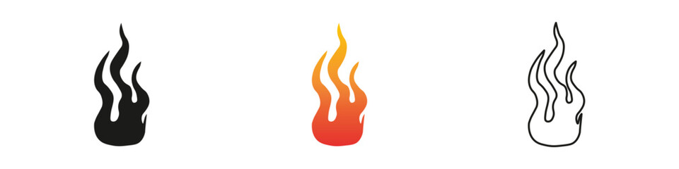 Wall Mural - Various flame designs in black, orange, and white colors. Fire icon vector set. Flame icon collection. Fire flame symbol. Black, gradient, line set