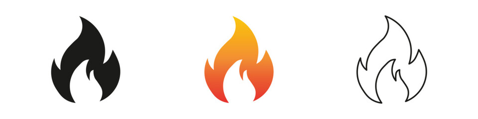 Wall Mural - Flame symbols in various colors and styles for design. Fire icon vector set. Flame icon collection. Fire flame symbol. Black, gradient, line set