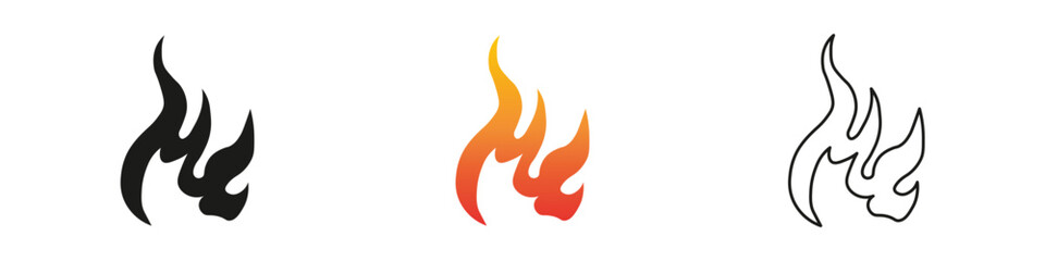 Wall Mural - Stylized flame icons in various colors and designs. Fire icon vector set. Flame icon collection. Fire flame symbol. Black, gradient, line set