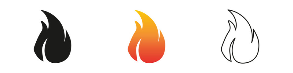 Wall Mural - Collection of fire flame icons in various styles and colors. Fire icon vector set. Flame icon collection. Fire flame symbol. Black, gradient, line set