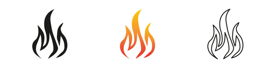 Wall Mural - Different flame designs in black, orange, and yellow colors. Fire icon vector set. Flame icon collection. Fire flame symbol. Black, gradient, line set