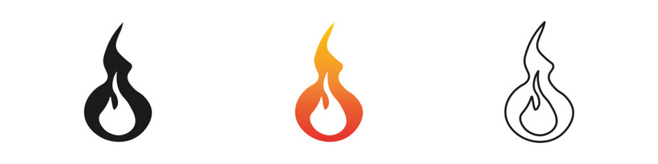 Wall Mural - Different styles of flame icons in various colors and designs. Fire icon vector set. Flame icon collection. Fire flame symbol. Black, gradient, line set